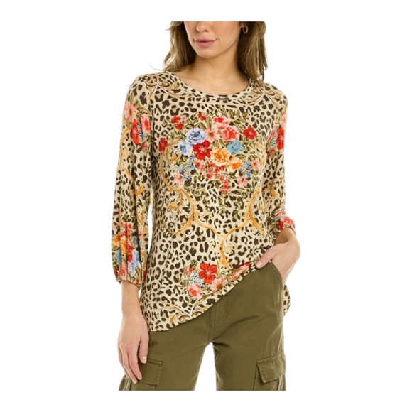 Johnny Was Cheetah Puff Sleeve Floral Top ~ Size Small - Picture 3 of 10